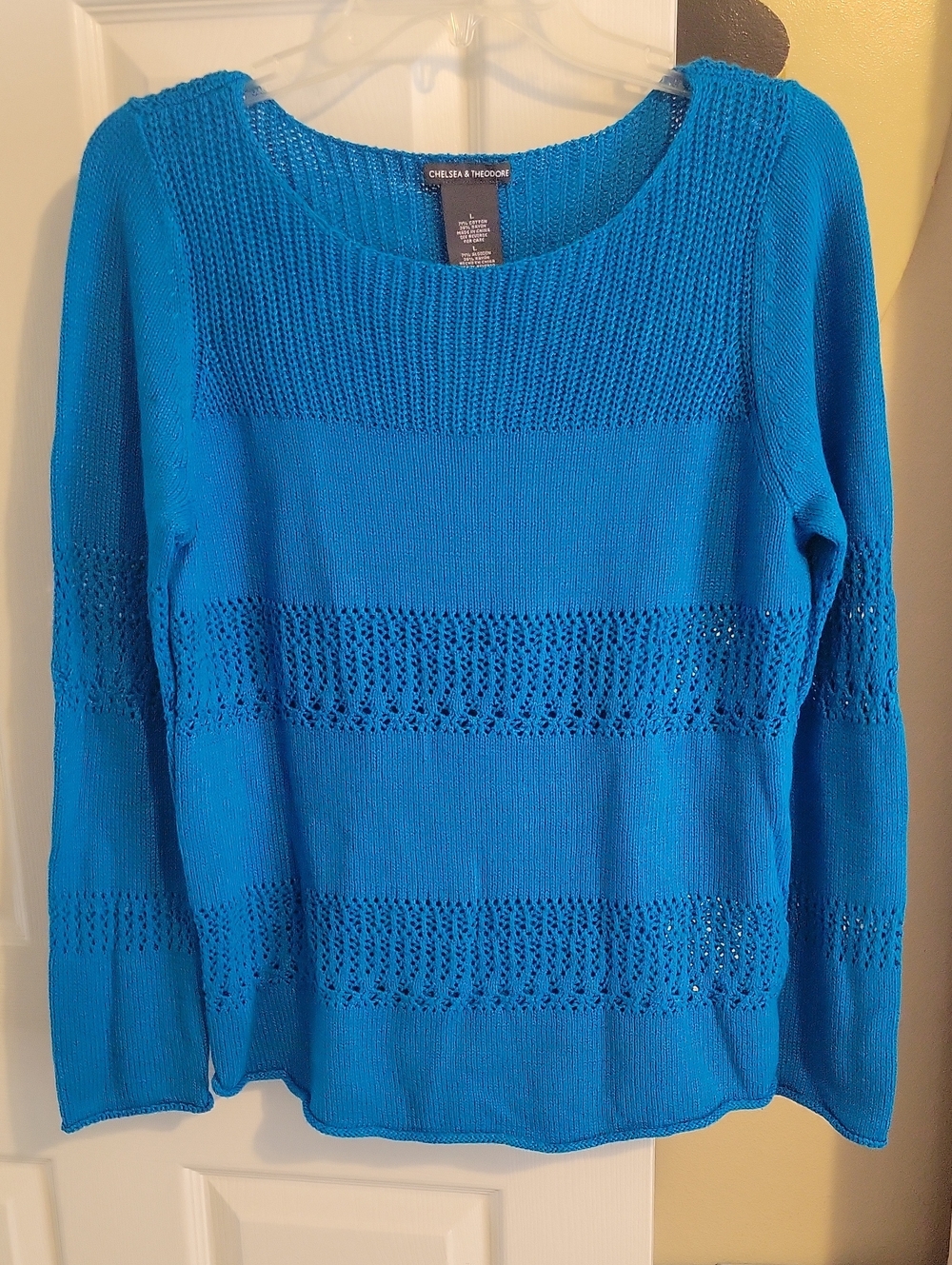 Chelsea & Theodore SzLg Women's Bright Blue Open-Knit Scoop Neck Sweater